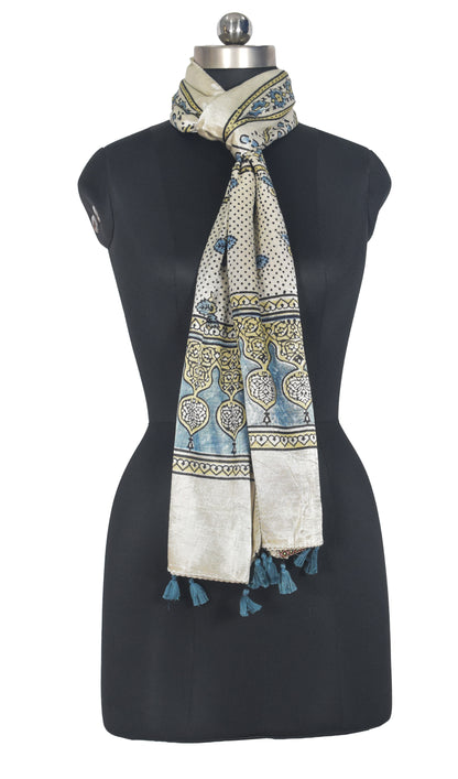Ajrakh Mashru Silk Natural Dye Hand Block Print Stole With Tassels - 2 Mtr Length   -  SKU : AI0770AM
