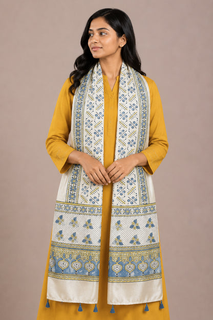Ajrakh Mashru Silk Natural Dye Hand Block Print Stole With Tassels - 2 Mtr Length   -  SKU : AI0770AM