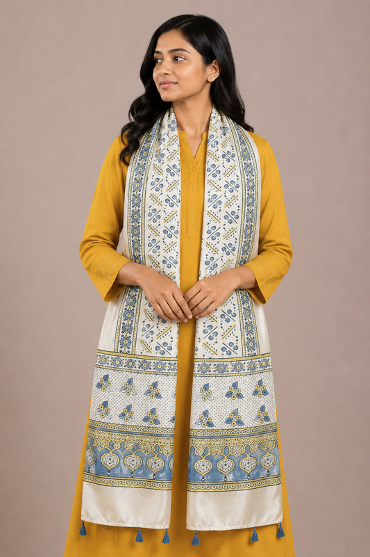 Ajrakh Mashru Silk Natural Dye Hand Block Print Stole With Tassels - 2 Mtr Length   -  SKU : AI0770AM
