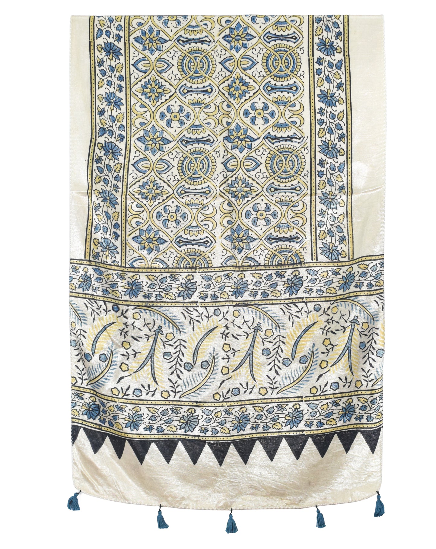 Ajrakh Mashru Silk Natural Dye Hand Block Print Stole With Tassels - 2 Mtr Length   -  SKU : AI0770AS