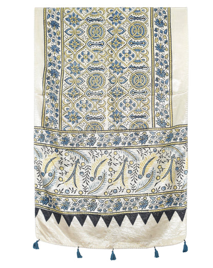 Ajrakh Mashru Silk Natural Dye Hand Block Print Stole With Tassels - 2 Mtr Length   -  SKU : AI0770AS