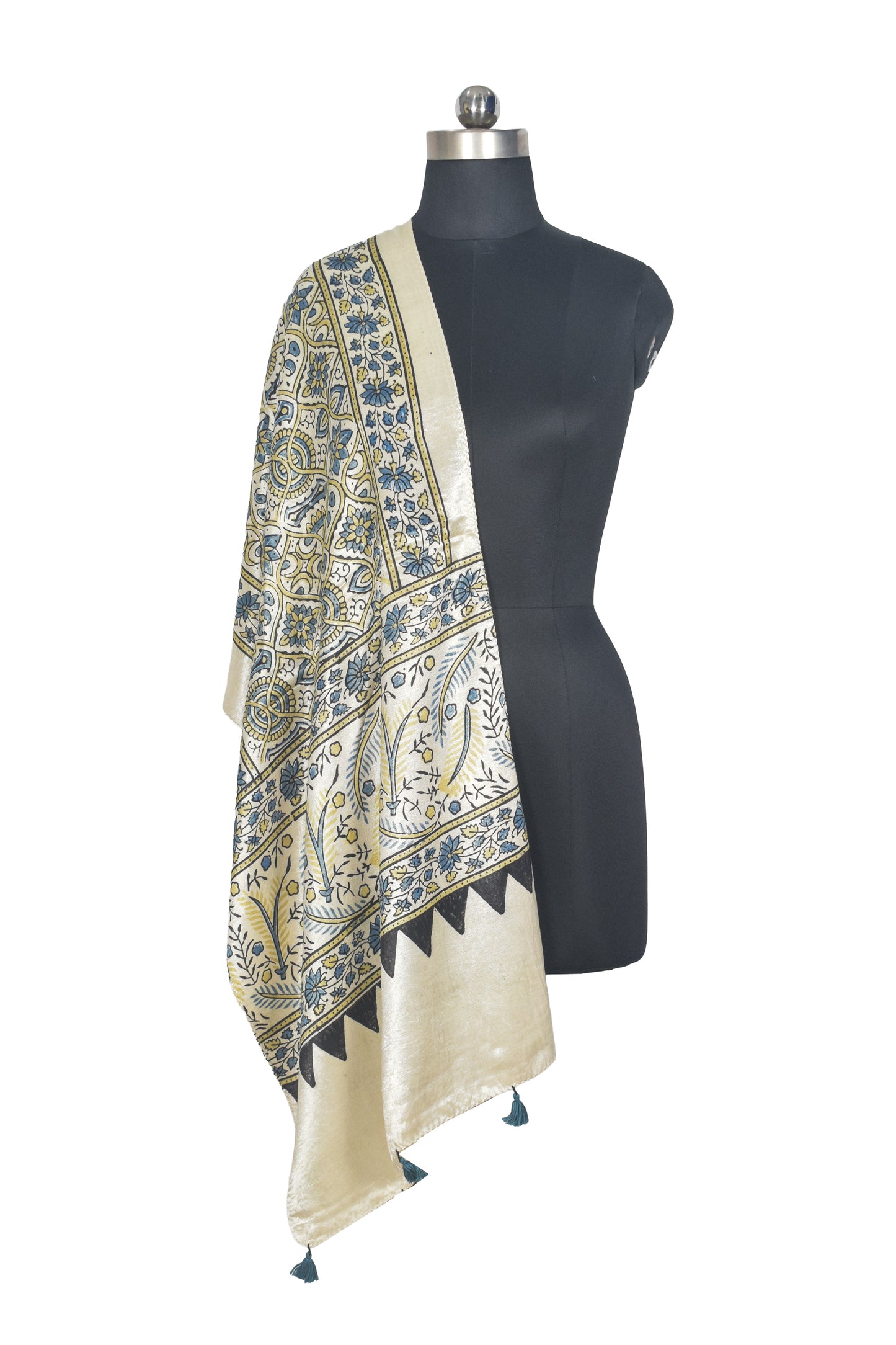 Ajrakh Mashru Silk Natural Dye Hand Block Print Stole With Tassels - 2 Mtr Length   -  SKU : AI0770AS