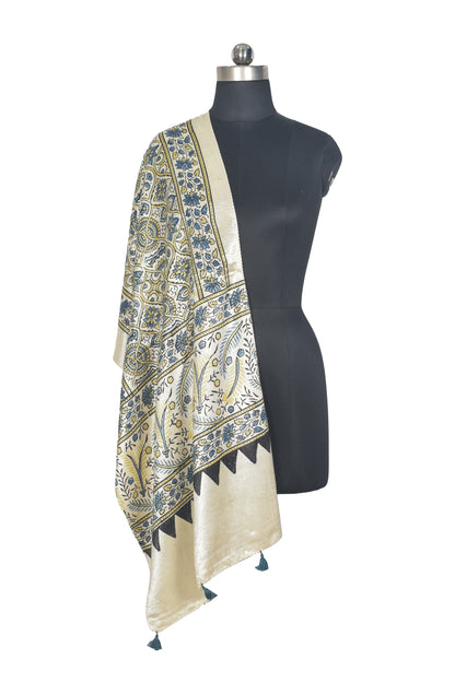 Ajrakh Mashru Silk Natural Dye Hand Block Print Stole With Tassels - 2 Mtr Length   -  SKU : AI0770AS