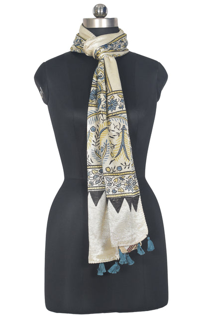 Ajrakh Mashru Silk Natural Dye Hand Block Print Stole With Tassels - 2 Mtr Length   -  SKU : AI0770AS