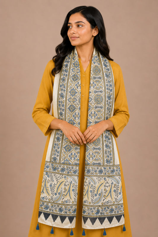 Ajrakh Mashru Silk Natural Dye Hand Block Print Stole With Tassels - 2 Mtr Length   -  SKU : AI0770AS