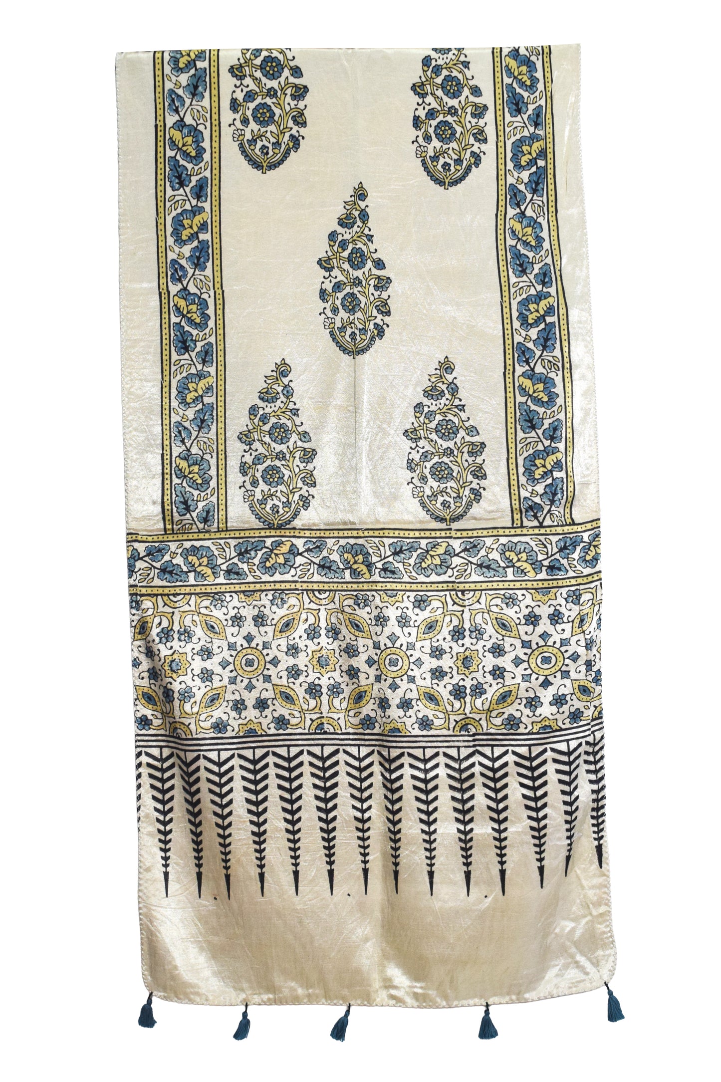 Ajrakh Mashru Silk Natural Dye Hand Block Print Stole With Tassels - 2 Mtr Length   -  SKU : AI0770AY