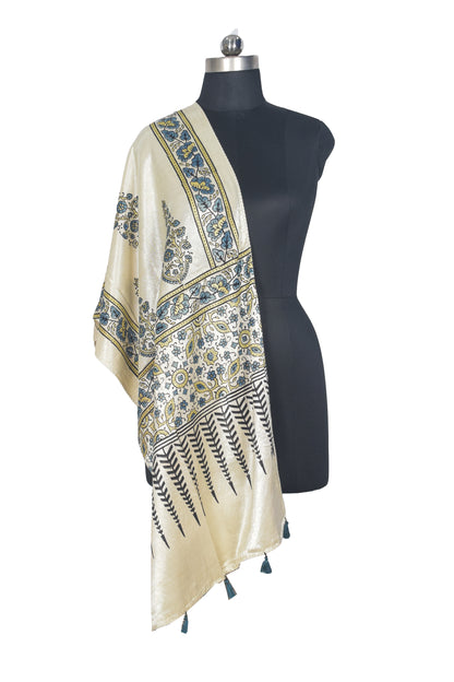 Ajrakh Mashru Silk Natural Dye Hand Block Print Stole With Tassels - 2 Mtr Length   -  SKU : AI0770AY