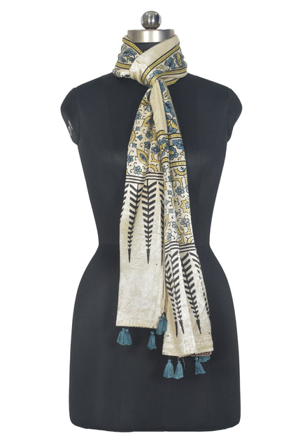Ajrakh Mashru Silk Natural Dye Hand Block Print Stole With Tassels - 2 Mtr Length   -  SKU : AI0770AY