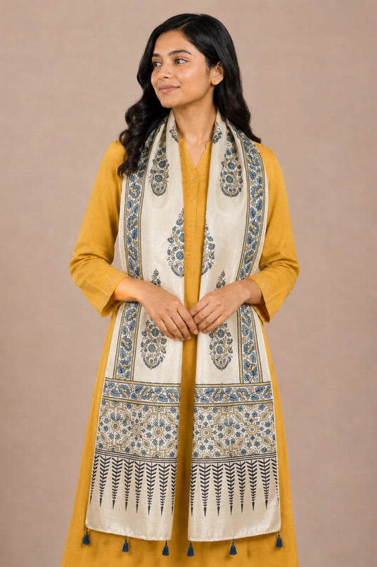Ajrakh Mashru Silk Natural Dye Hand Block Print Stole With Tassels - 2 Mtr Length   -  SKU : AI0770AY