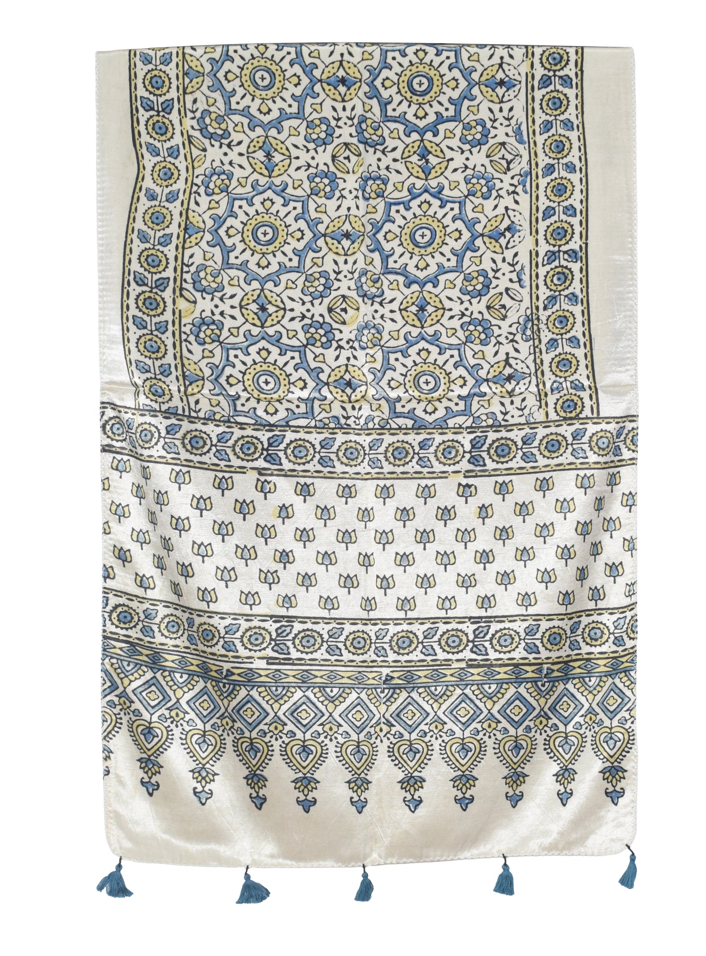 Ajrakh Mashru Silk Natural Dye Hand Block Print Stole With Tassels - 2 Mtr Length   -  SKU : AI0770BC