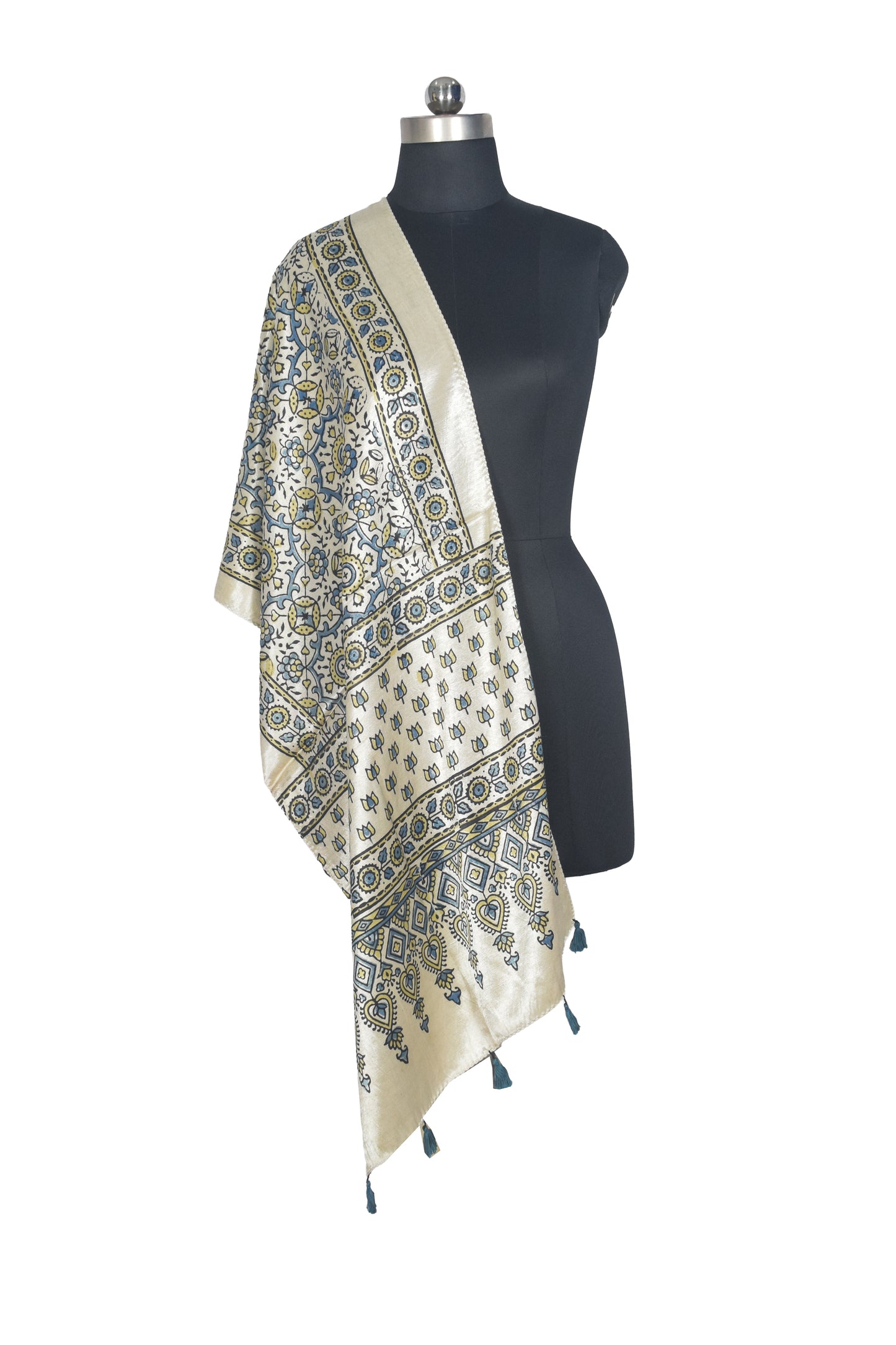 Ajrakh Mashru Silk Natural Dye Hand Block Print Stole With Tassels - 2 Mtr Length   -  SKU : AI0770BC