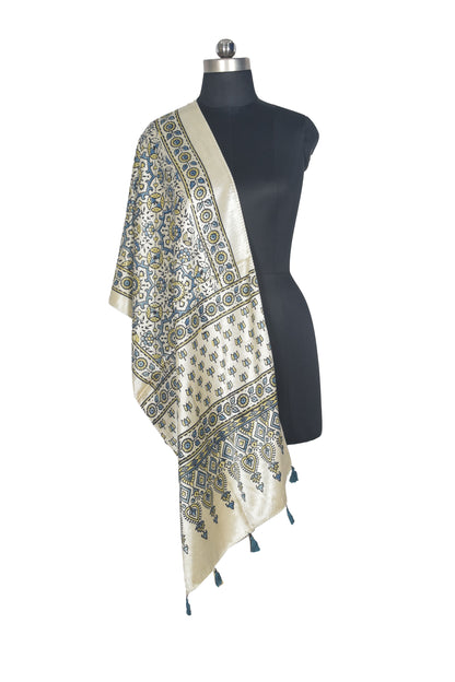 Ajrakh Mashru Silk Natural Dye Hand Block Print Stole With Tassels - 2 Mtr Length   -  SKU : AI0770BC