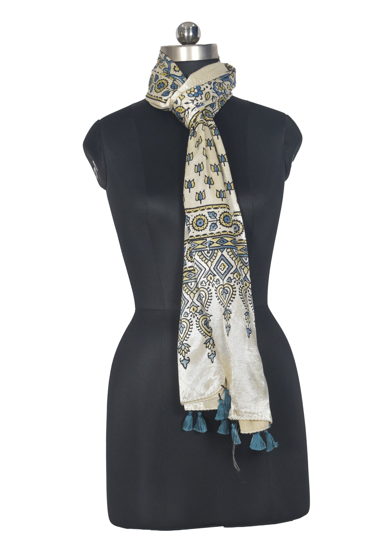 Ajrakh Mashru Silk Natural Dye Hand Block Print Stole With Tassels - 2 Mtr Length   -  SKU : AI0770BC
