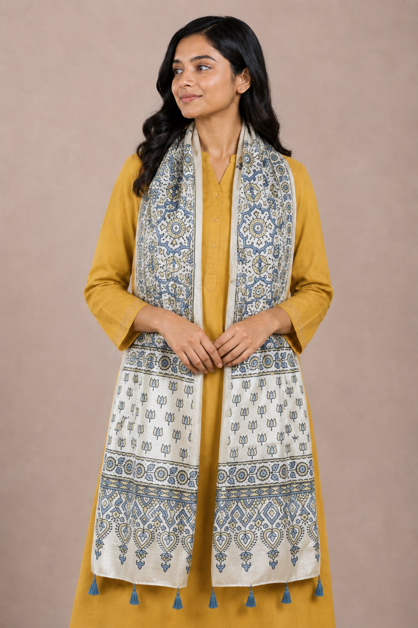 Ajrakh Mashru Silk Natural Dye Hand Block Print Stole With Tassels - 2 Mtr Length   -  SKU : AI0770BC