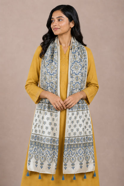 Ajrakh Mashru Silk Natural Dye Hand Block Print Stole With Tassels - 2 Mtr Length   -  SKU : AI0770BC