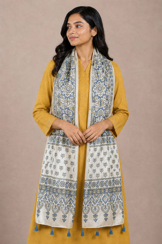 Ajrakh Mashru Silk Natural Dye Hand Block Print Stole With Tassels - 2 Mtr Length   -  SKU : AI0770BC