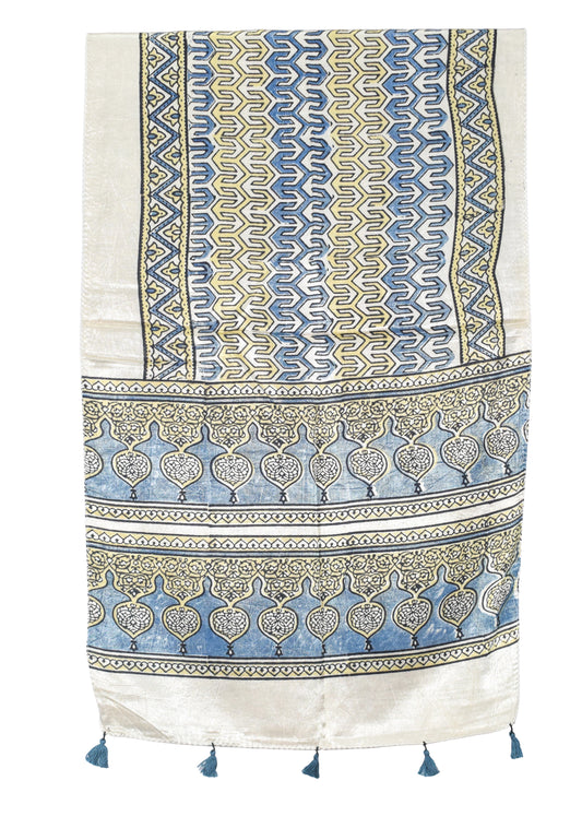 Ajrakh Mashru Silk Natural Dye Hand Block Print Stole With Tassels - 2 Mtr Length   -  SKU : AI0770BI