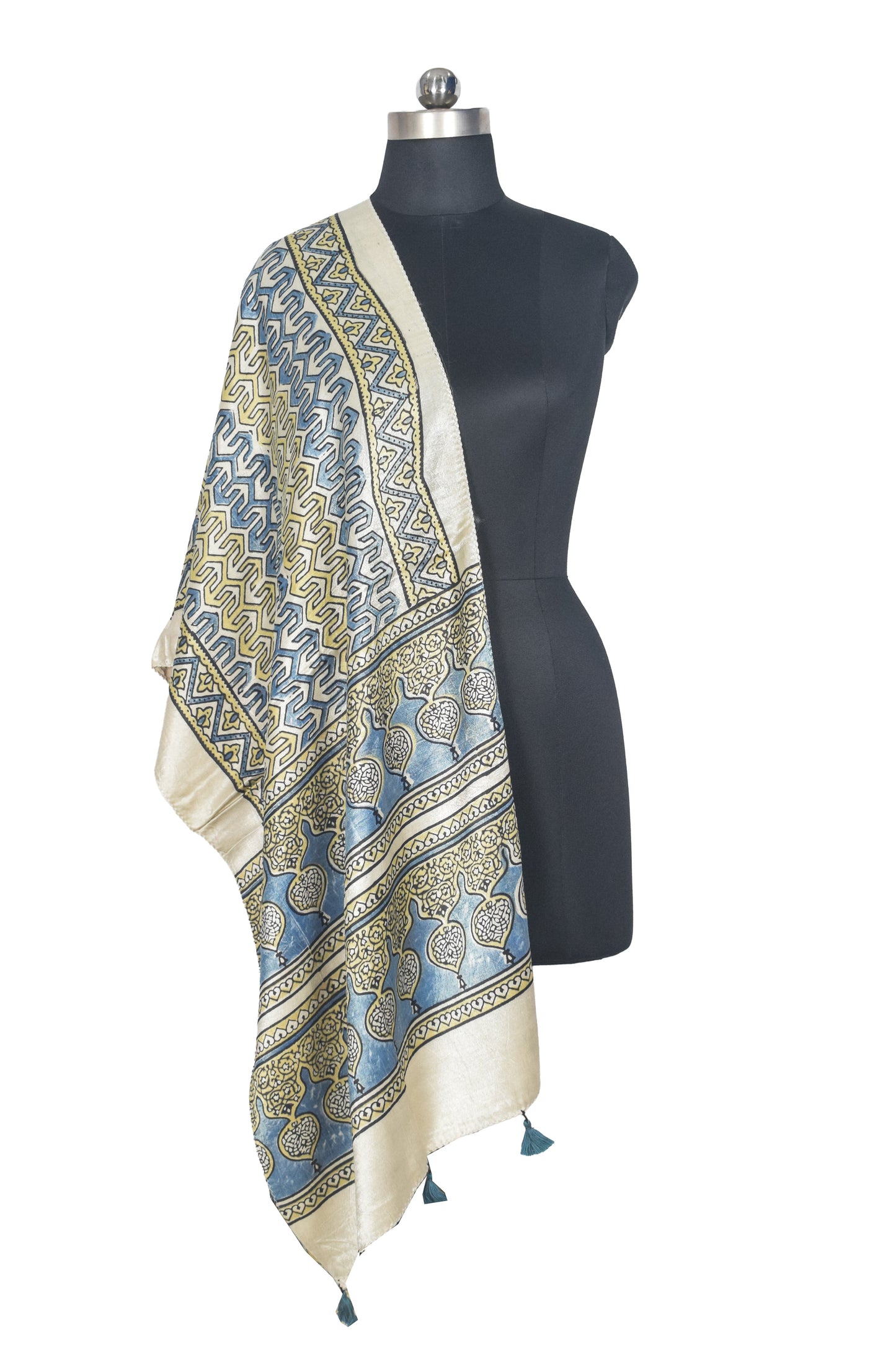 Ajrakh Mashru Silk Natural Dye Hand Block Print Stole With Tassels - 2 Mtr Length   -  SKU : AI0770BI
