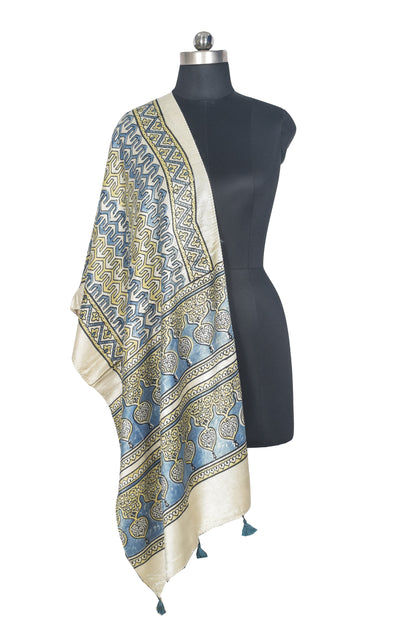 Ajrakh Mashru Silk Natural Dye Hand Block Print Stole With Tassels - 2 Mtr Length   -  SKU : AI0770BI