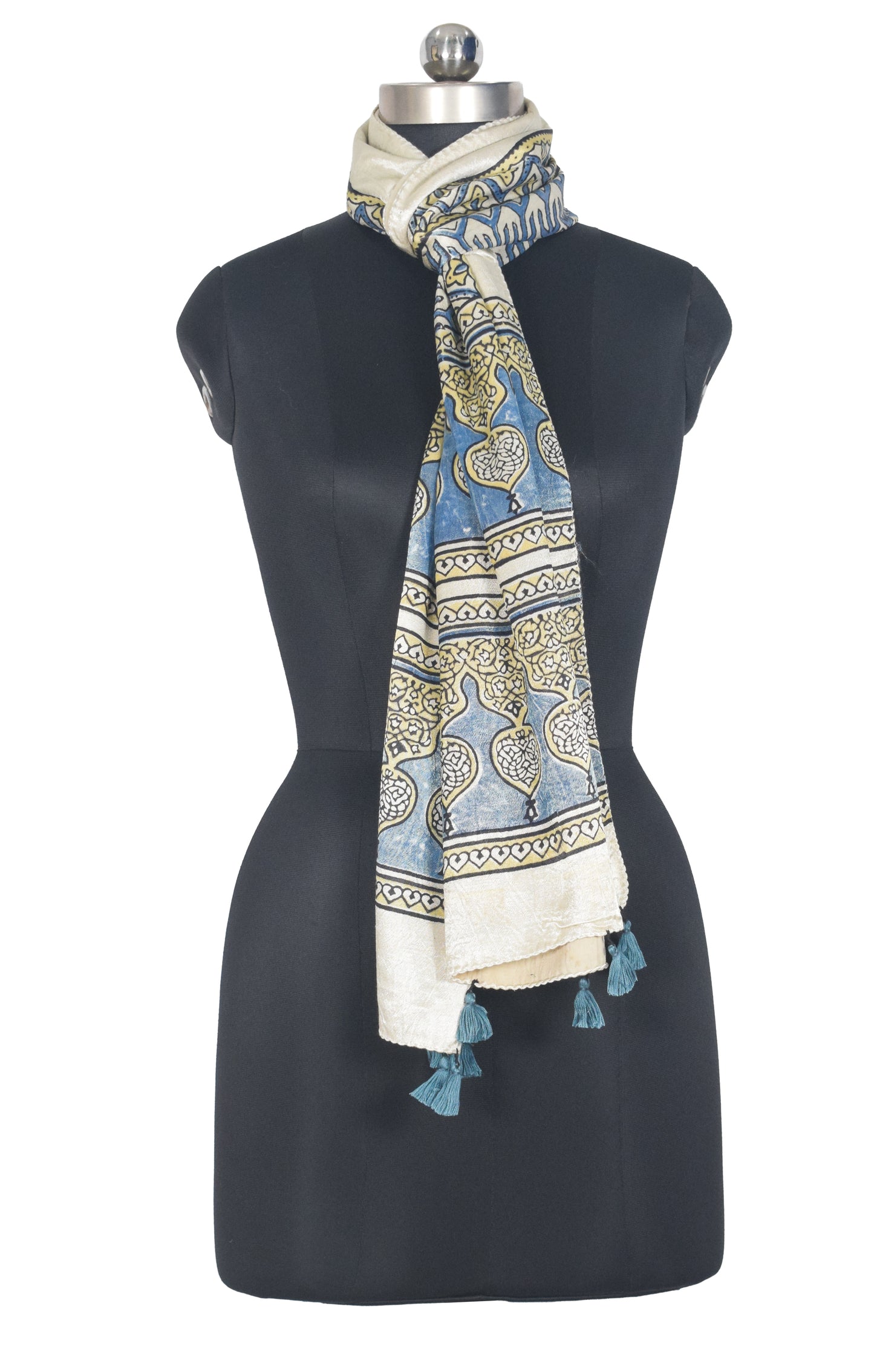 Ajrakh Mashru Silk Natural Dye Hand Block Print Stole With Tassels - 2 Mtr Length   -  SKU : AI0770BI