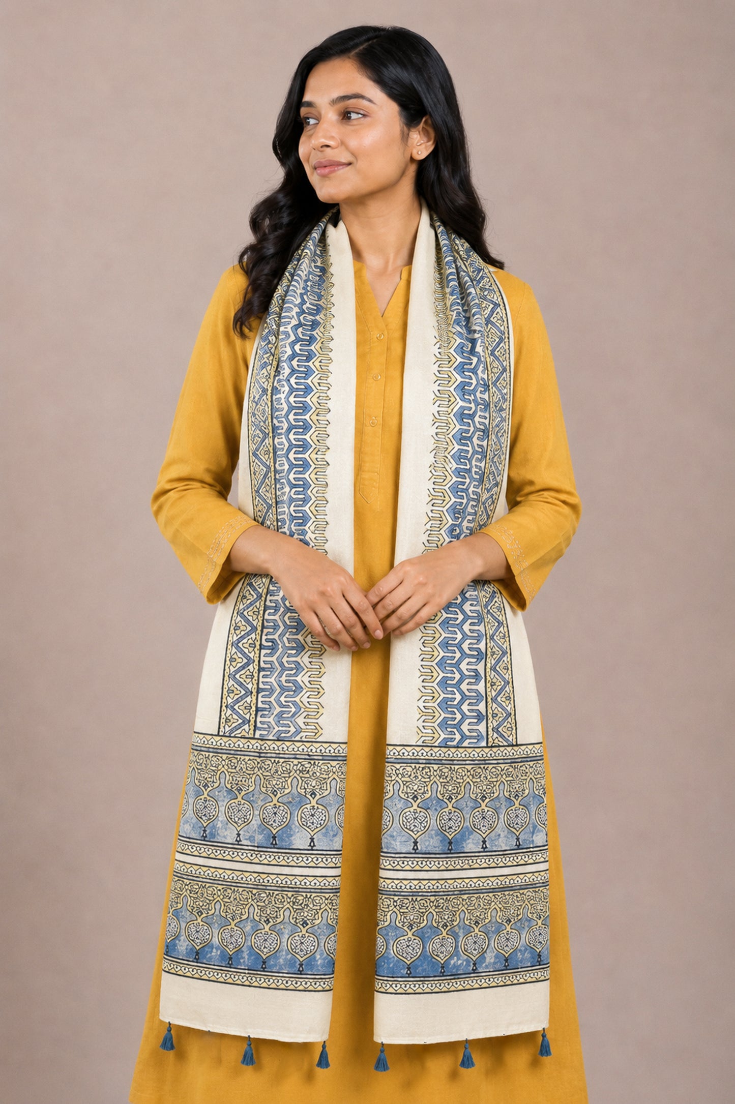 Ajrakh Mashru Silk Natural Dye Hand Block Print Stole With Tassels - 2 Mtr Length   -  SKU : AI0770BI