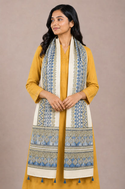 Ajrakh Mashru Silk Natural Dye Hand Block Print Stole With Tassels - 2 Mtr Length   -  SKU : AI0770BI