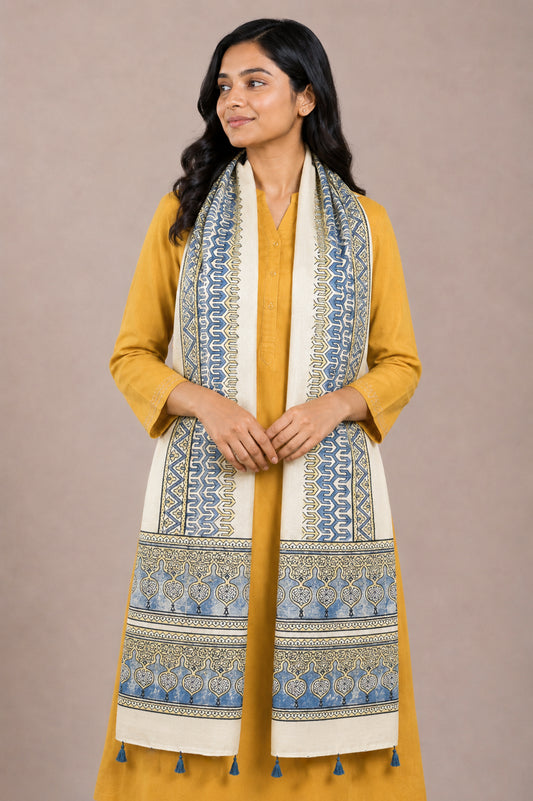 Ajrakh Mashru Silk Natural Dye Hand Block Print Stole With Tassels - 2 Mtr Length   -  SKU : AI0770BI