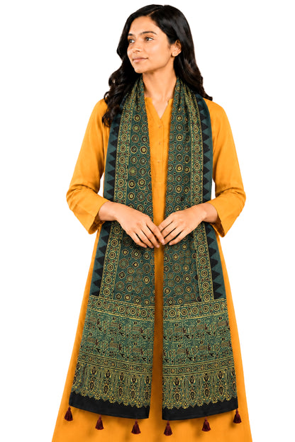 Ajrakh Mashru Silk Natural Dye Hand Block Print Stole With Tassels - 2 Mtr Length   -  SKU : AI07701F