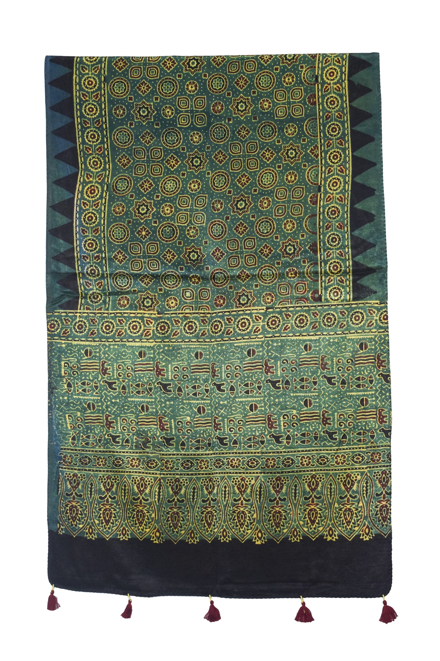Ajrakh Mashru Silk Natural Dye Hand Block Print Stole With Tassels - 2 Mtr Length   -  SKU : AI07701F