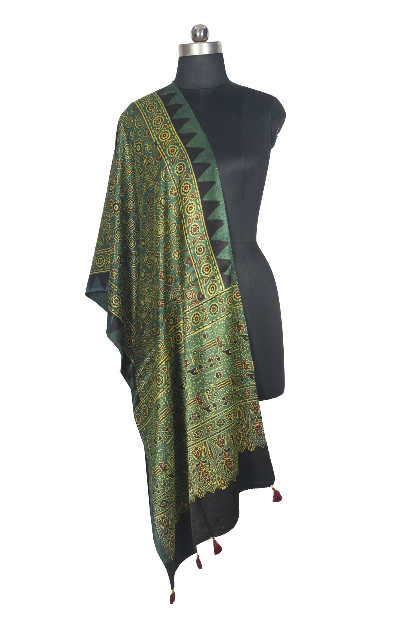 Ajrakh Mashru Silk Natural Dye Hand Block Print Stole With Tassels - 2 Mtr Length   -  SKU : AI07701F