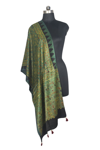 Ajrakh Mashru Silk Natural Dye Hand Block Print Stole With Tassels - 2 Mtr Length   -  SKU : AI07701F