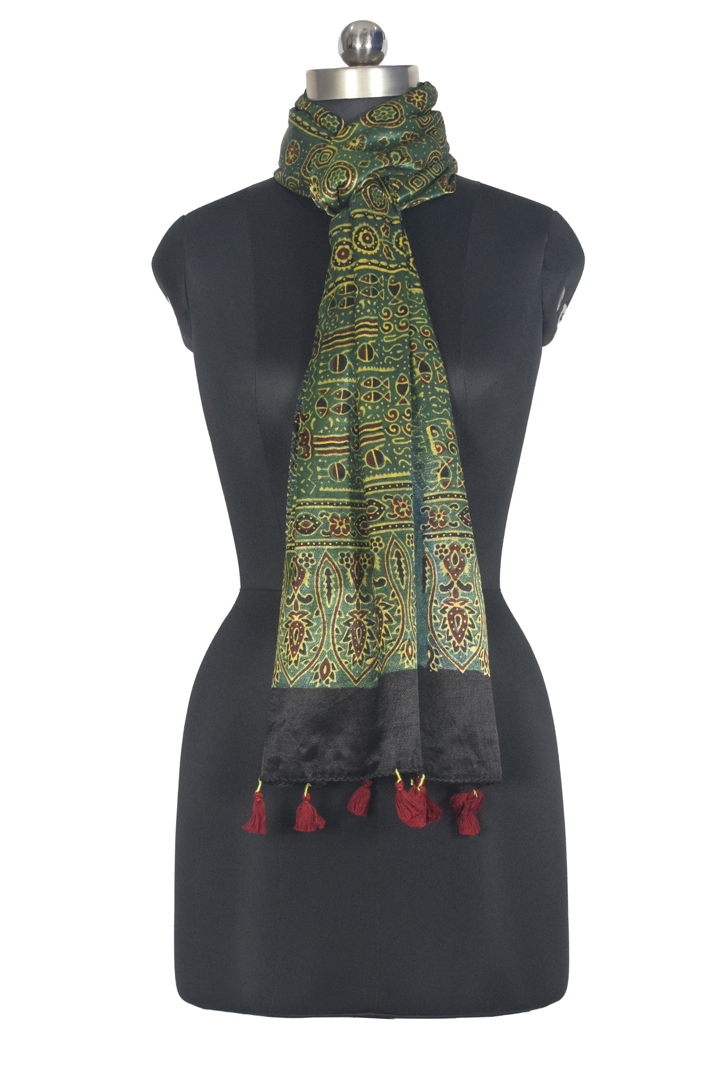 Ajrakh Mashru Silk Natural Dye Hand Block Print Stole With Tassels - 2 Mtr Length   -  SKU : AI07701F