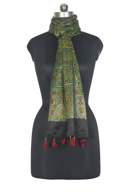 Ajrakh Mashru Silk Natural Dye Hand Block Print Stole With Tassels - 2 Mtr Length   -  SKU : AI07701F
