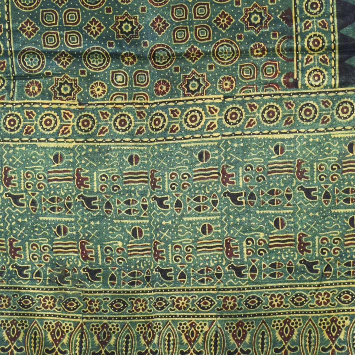 Ajrakh Mashru Silk Natural Dye Hand Block Print Stole With Tassels - 2 Mtr Length   -  SKU : AI07701F