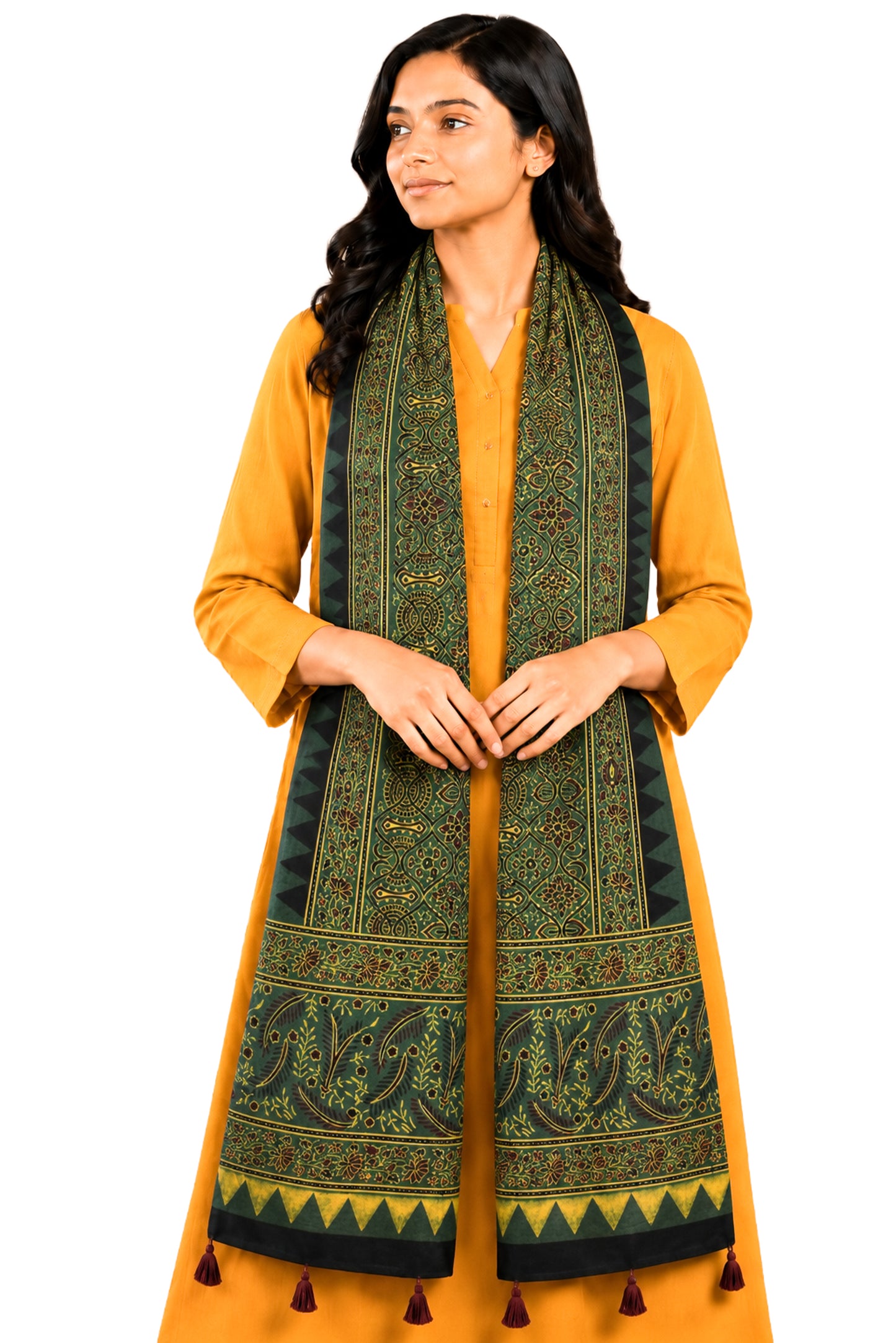 Ajrakh Mashru Silk Natural Dye Hand Block Print Stole With Tassels - 2 Mtr Length   -  SKU : AI07701L