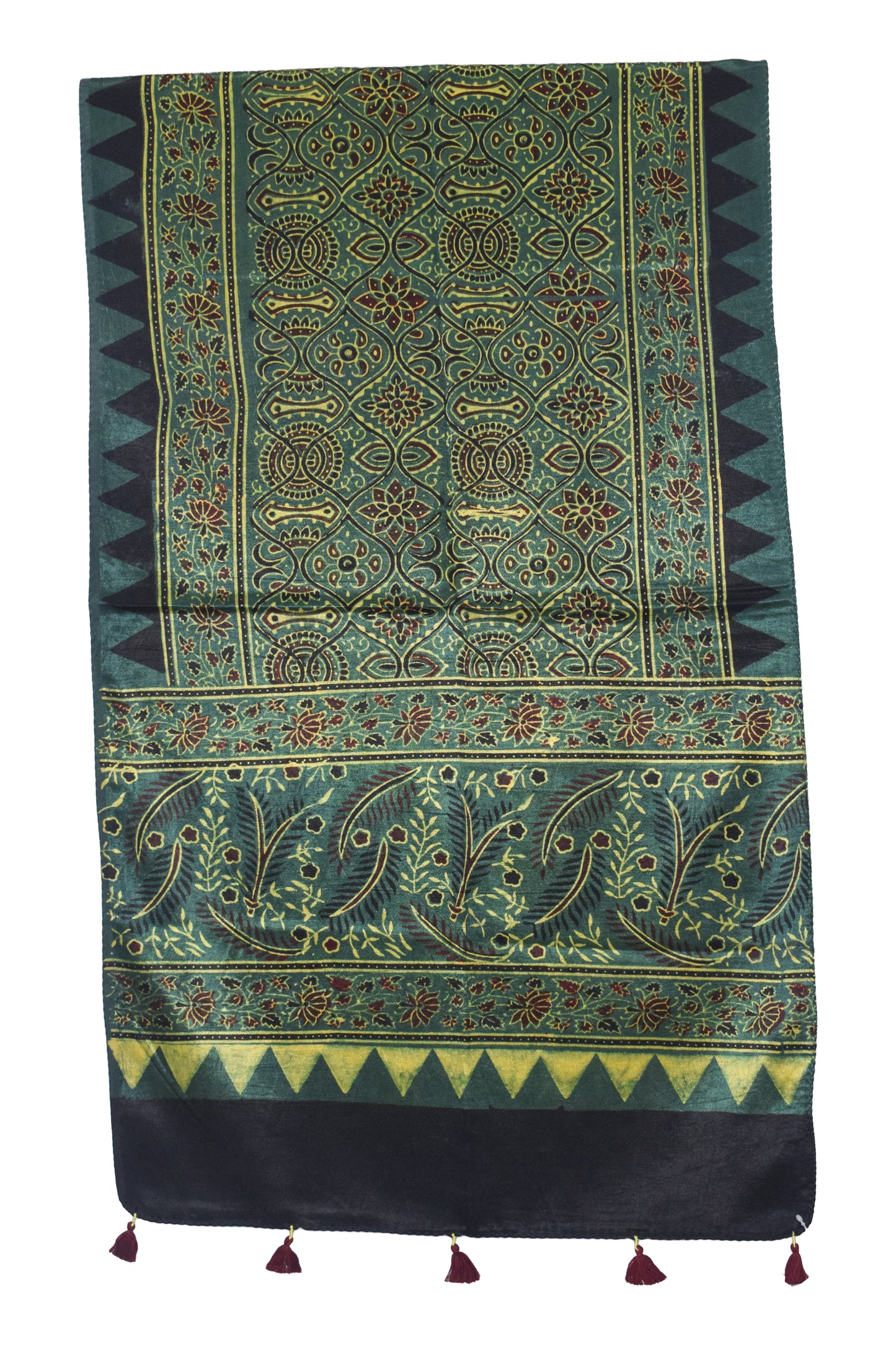 Ajrakh Mashru Silk Natural Dye Hand Block Print Stole With Tassels - 2 Mtr Length   -  SKU : AI07701L