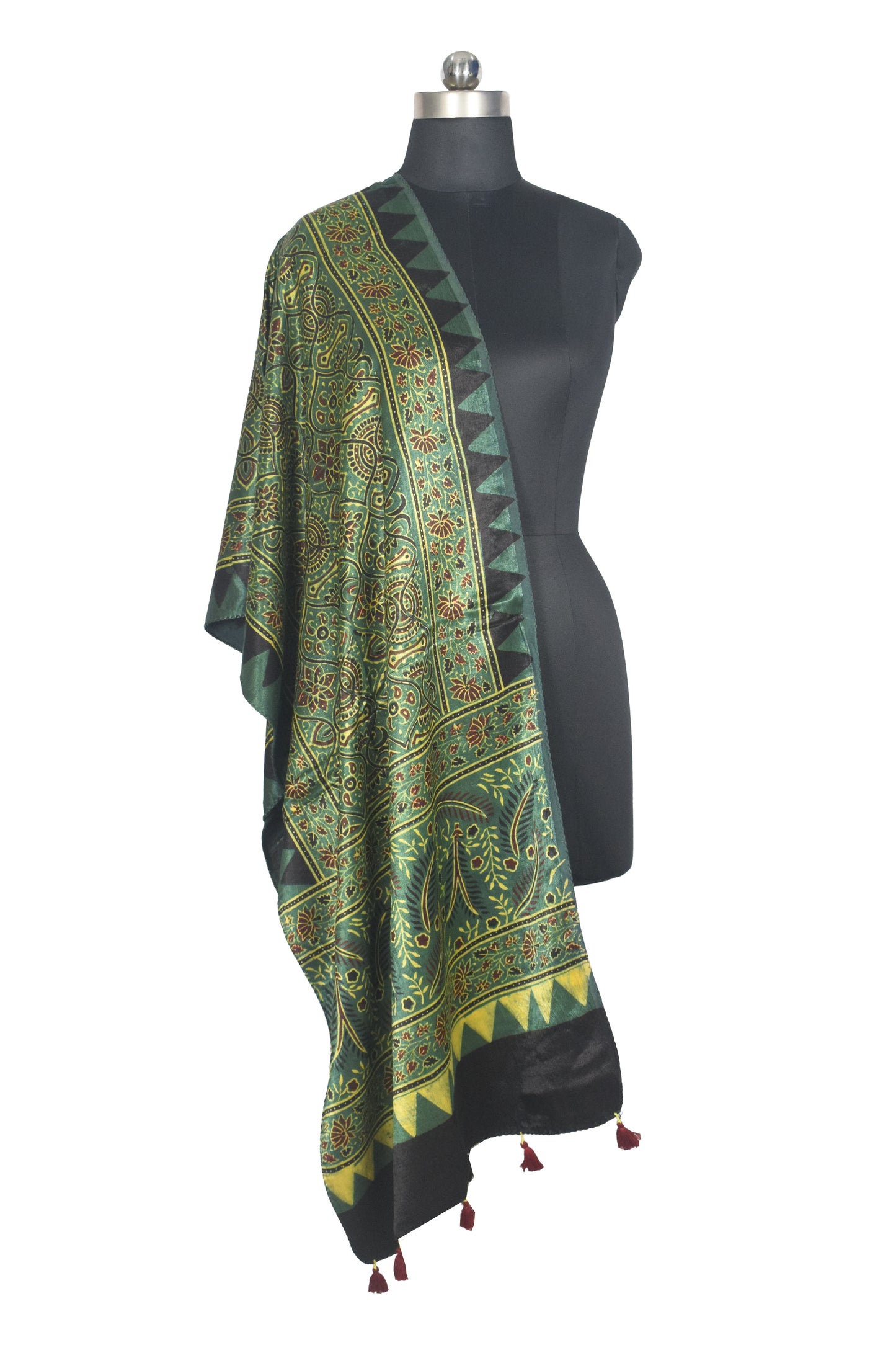 Ajrakh Mashru Silk Natural Dye Hand Block Print Stole With Tassels - 2 Mtr Length   -  SKU : AI07701L