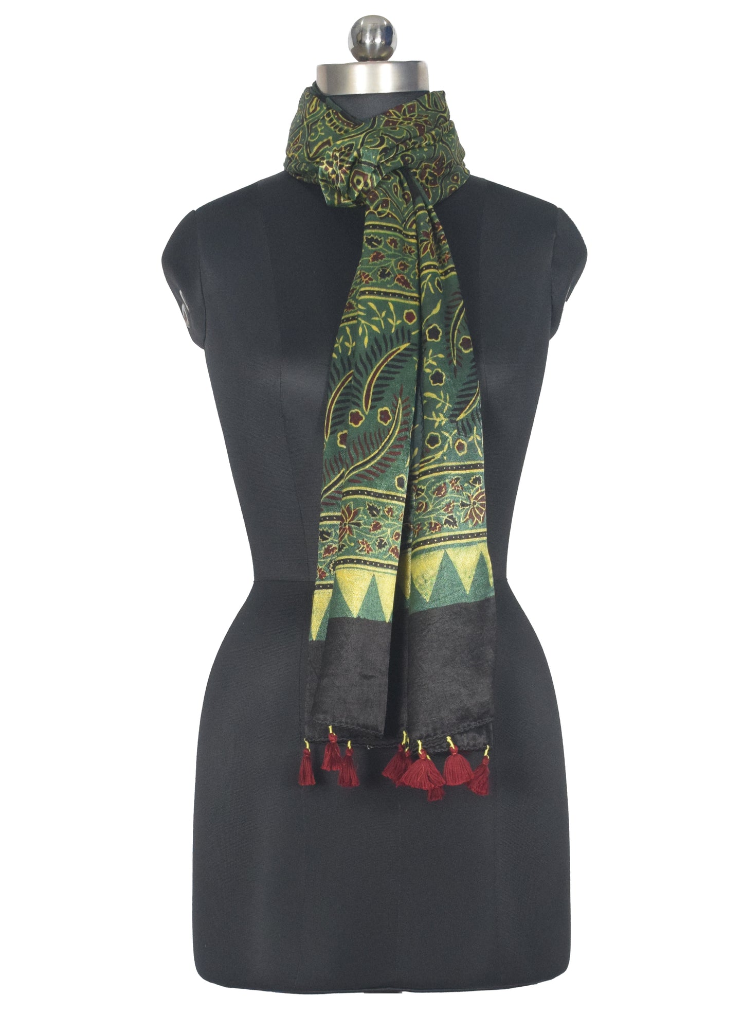 Ajrakh Mashru Silk Natural Dye Hand Block Print Stole With Tassels - 2 Mtr Length   -  SKU : AI07701L