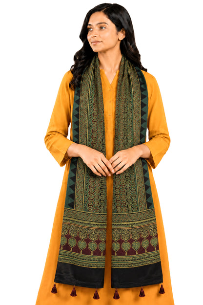 Ajrakh Mashru Silk Natural Dye Hand Block Print Stole With Tassels - 2 Mtr Length   -  SKU : AI07701R