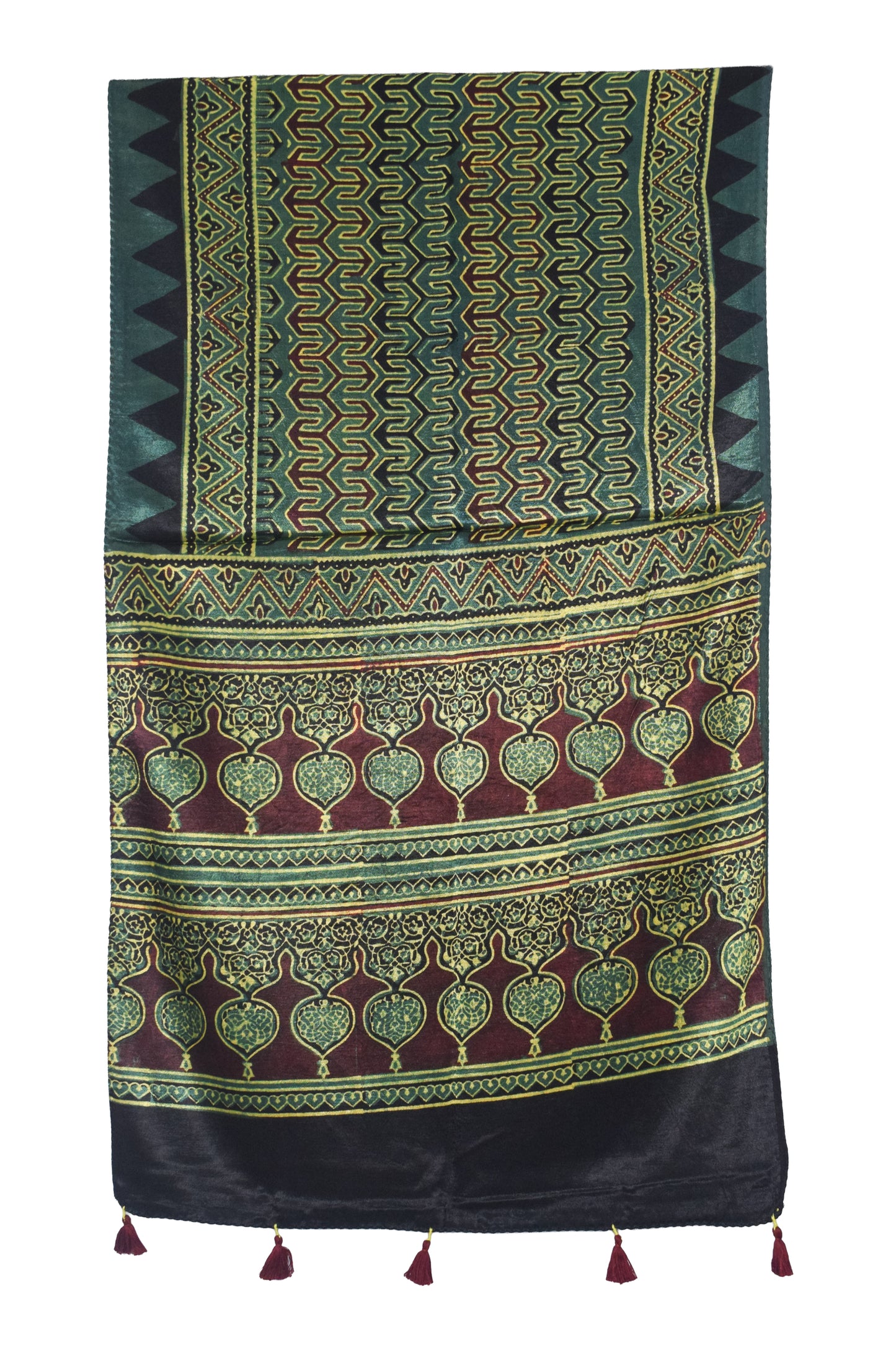 Ajrakh Mashru Silk Natural Dye Hand Block Print Stole With Tassels - 2 Mtr Length   -  SKU : AI07701R