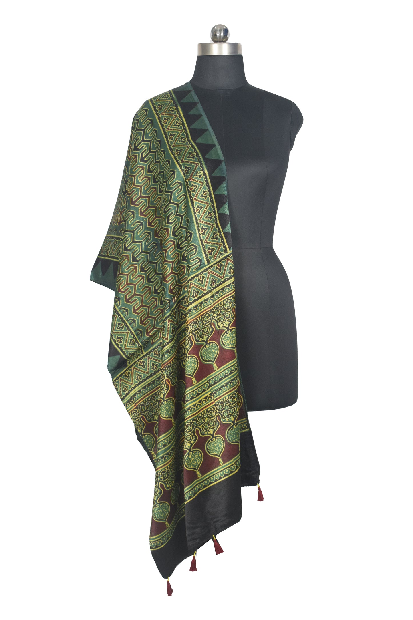 Ajrakh Mashru Silk Natural Dye Hand Block Print Stole With Tassels - 2 Mtr Length   -  SKU : AI07701R