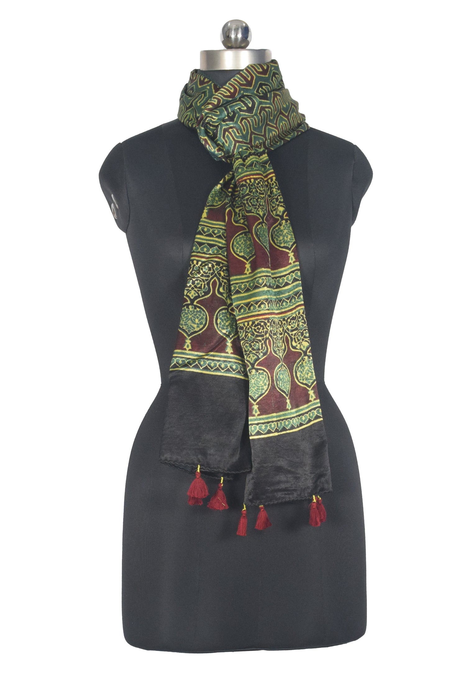 Ajrakh Mashru Silk Natural Dye Hand Block Print Stole With Tassels - 2 Mtr Length   -  SKU : AI07701R
