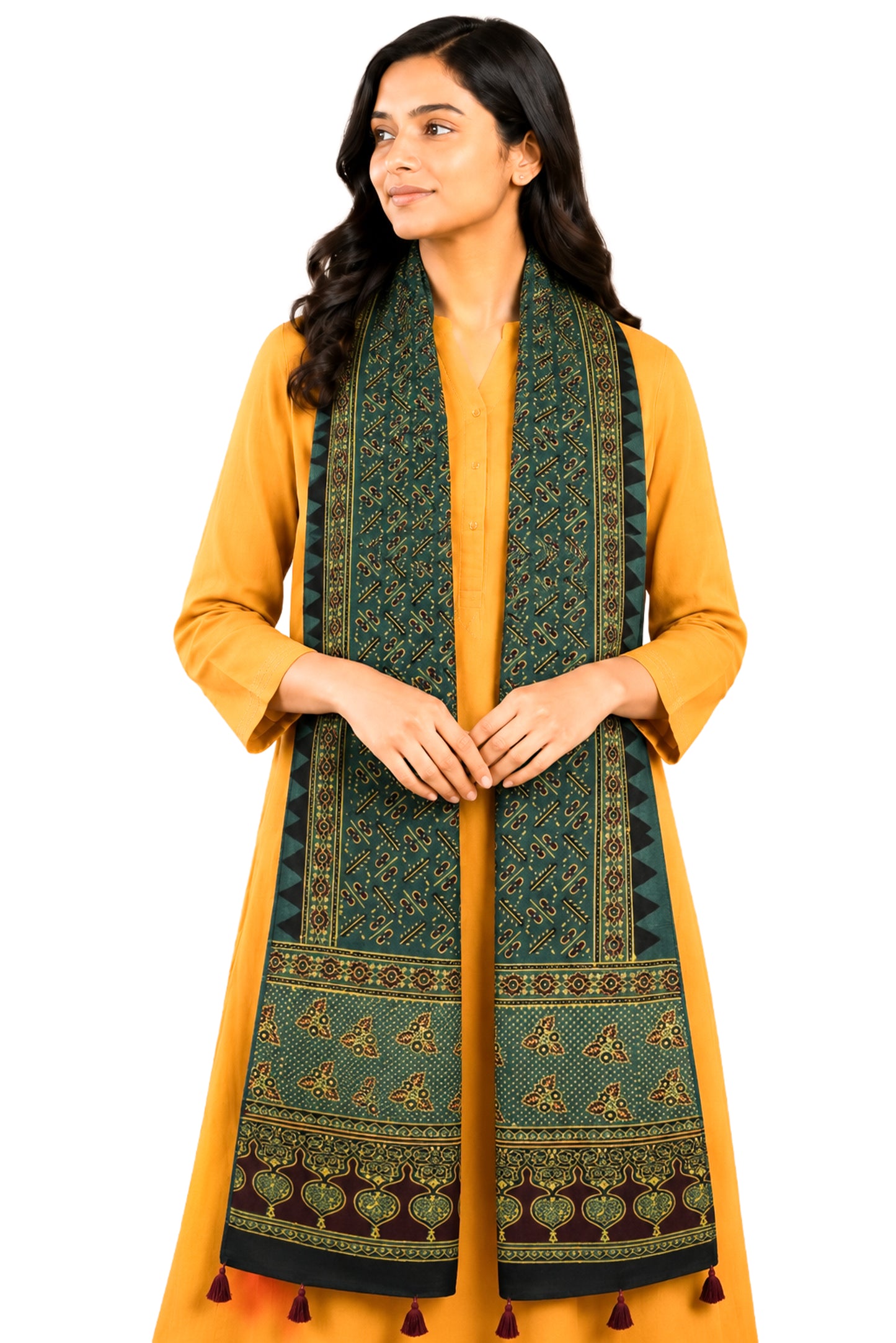 Ajrakh Mashru Silk Natural Dye Hand Block Print Stole With Tassels - 2 Mtr Length   -  SKU : AI07701X