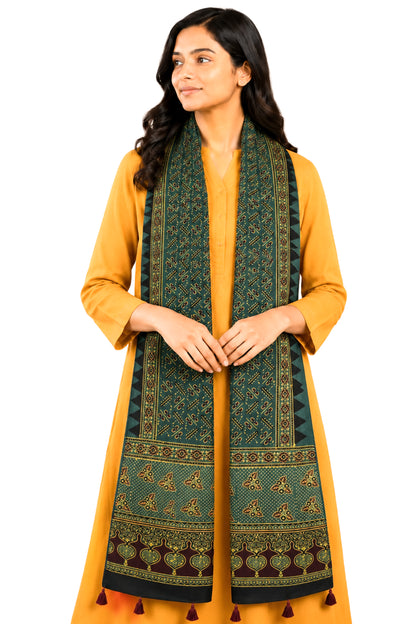 Ajrakh Mashru Silk Natural Dye Hand Block Print Stole With Tassels - 2 Mtr Length   -  SKU : AI07701X