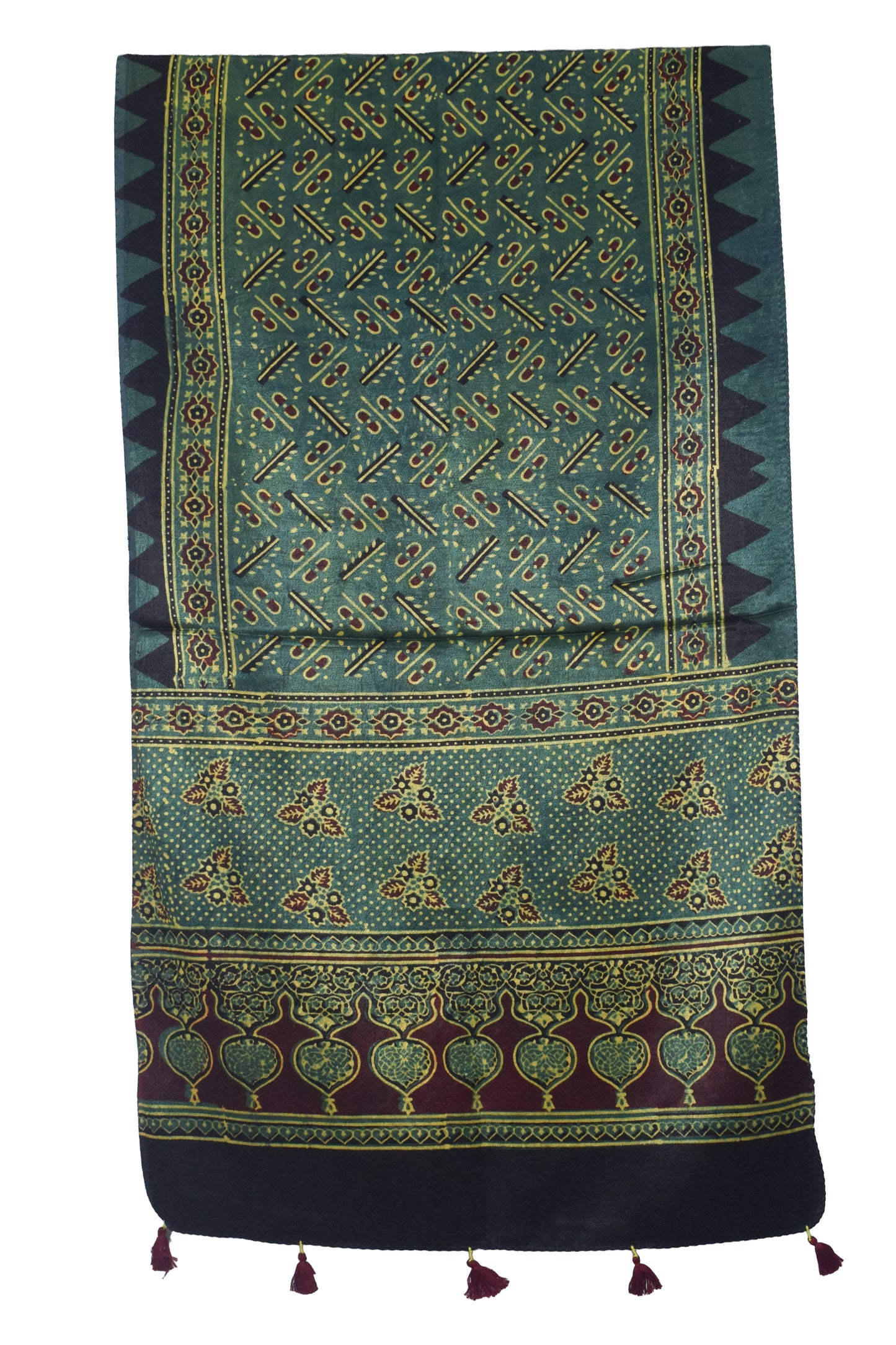 Ajrakh Mashru Silk Natural Dye Hand Block Print Stole With Tassels - 2 Mtr Length   -  SKU : AI07701X