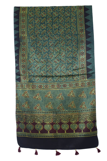 Ajrakh Mashru Silk Natural Dye Hand Block Print Stole With Tassels - 2 Mtr Length   -  SKU : AI07701X