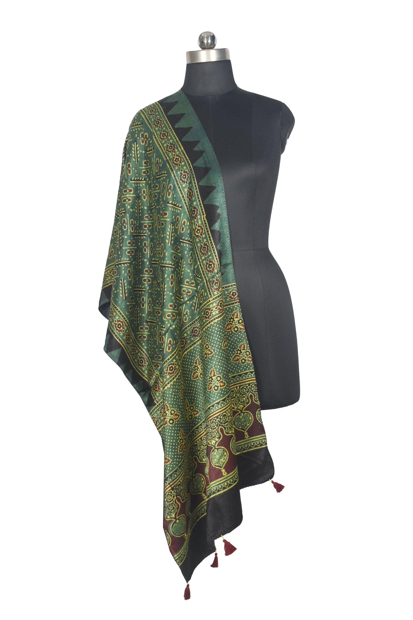 Ajrakh Mashru Silk Natural Dye Hand Block Print Stole With Tassels - 2 Mtr Length   -  SKU : AI07701X