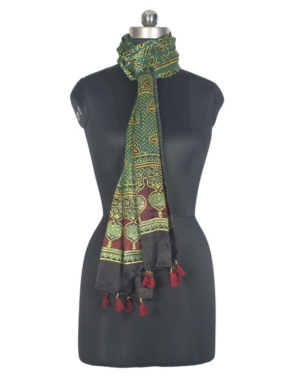Ajrakh Mashru Silk Natural Dye Hand Block Print Stole With Tassels - 2 Mtr Length   -  SKU : AI07701X