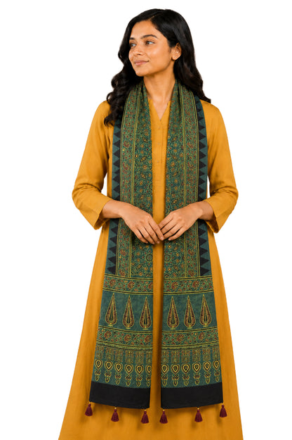 Ajrakh Mashru Silk Natural Dye Hand Block Print Stole With Tassels - 2 Mtr Length   -  SKU : AI0770AD