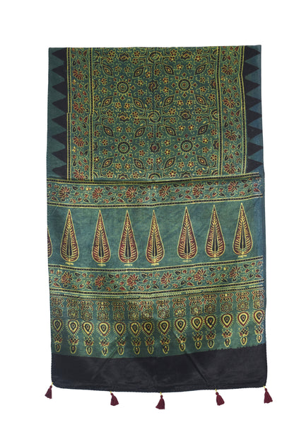 Ajrakh Mashru Silk Natural Dye Hand Block Print Stole With Tassels - 2 Mtr Length   -  SKU : AI0770AD